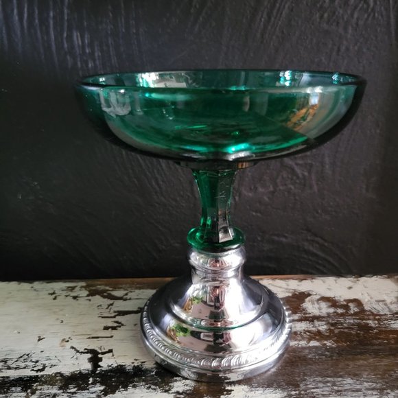 Vintage Farber Krome Kraft Green Glass Compote / Candle Holder Screw on Base - Picture 2 of 11